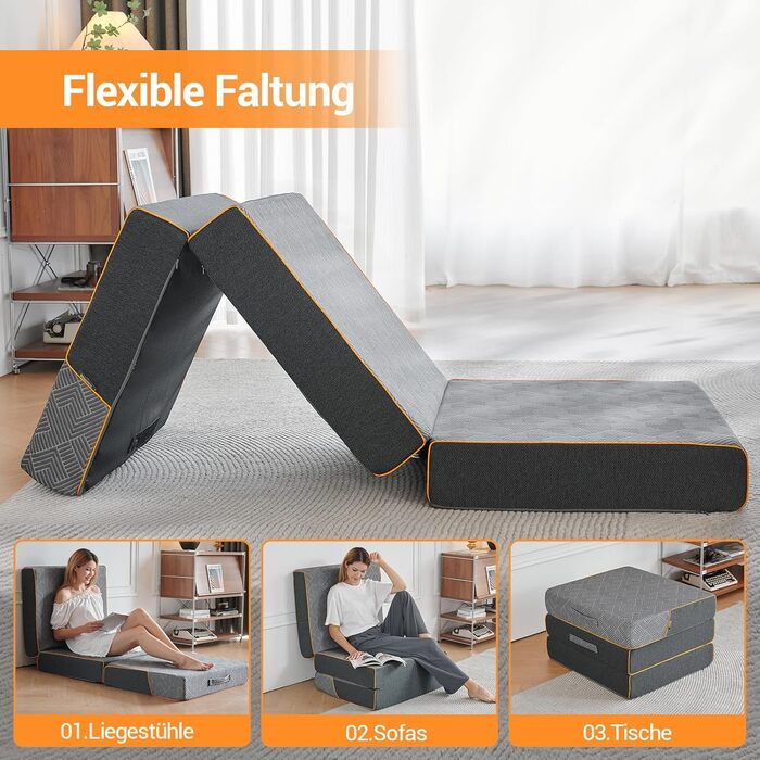 Зонний розкладний матрац 195x75x15 см, складний матрац для гостей та кемпінгу, піна з ефектом пам&39яті середньої жорсткості для оптимального комфорту сну, портативний з ручкою, сертифікований Oeko-Tex (сірий) 75x195x15 см, 7-