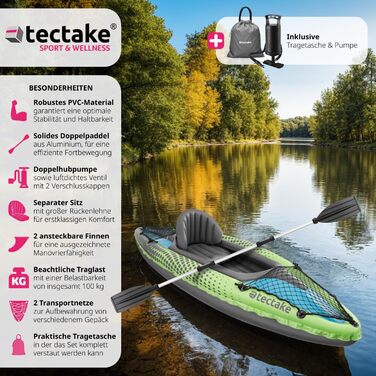 Надувний каяк tectake, надувний каное/велосипедний човен на 1 особу з подвійним веслом та аксесуарами сидінням, насосом, сумкою для транспортування, для водних видів спорту, відпочинку, риболовлі, веслування