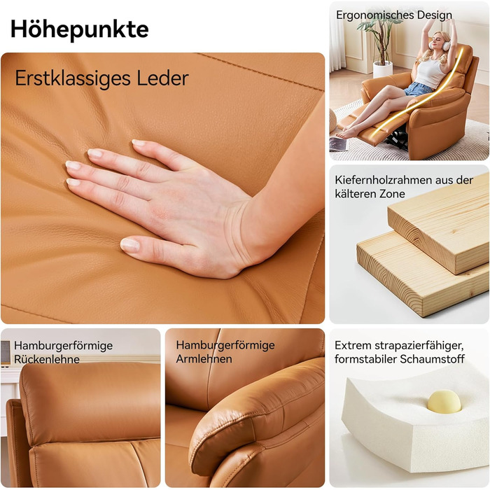 Крісло для відпочинку AIRSKY з натуральної шкіри, крісло для телевізора з функцією відкидання, крісло для кінотеатру, крісло для сну, крісло для старших, крісло для телевізора з функцією сну, ручне регулювання крісла для вітальні, спальні (помаранчеве)