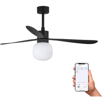 Великий чорний стельовий вентилятор з кульковим світлодіодом, Smart, 20 Вт, 2700 К, 6 швидкостей