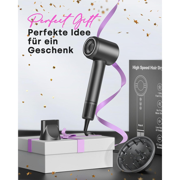 Фен з дифузором, високошвидкісний іонний фен 120 000 об/хв з 500 мільйонами негативних іонів для швидкого сушіння, професійний дорожній фен для дому, салону, подарунок, 12 режимів, сірий колір