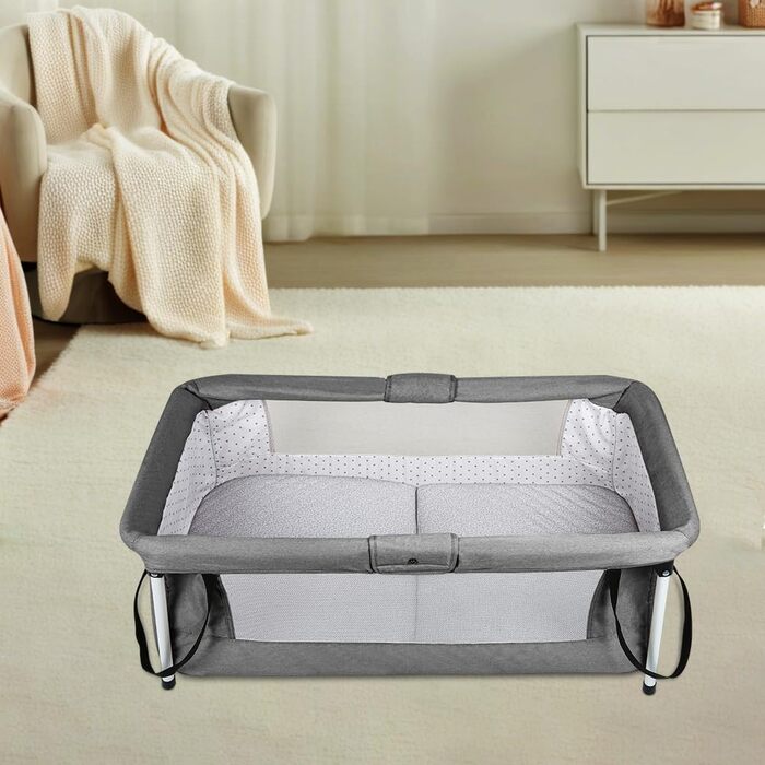 Дитяче ліжечко Homewell Baby Travel Cot, складне дитяче ліжечко з матрацом, портативний намет-ліжечко, оснащений москітною сіткою та іграшками, 90 x 50 см (у зібраному вигляді) / 45 x 50 см (складене) (сірий)
