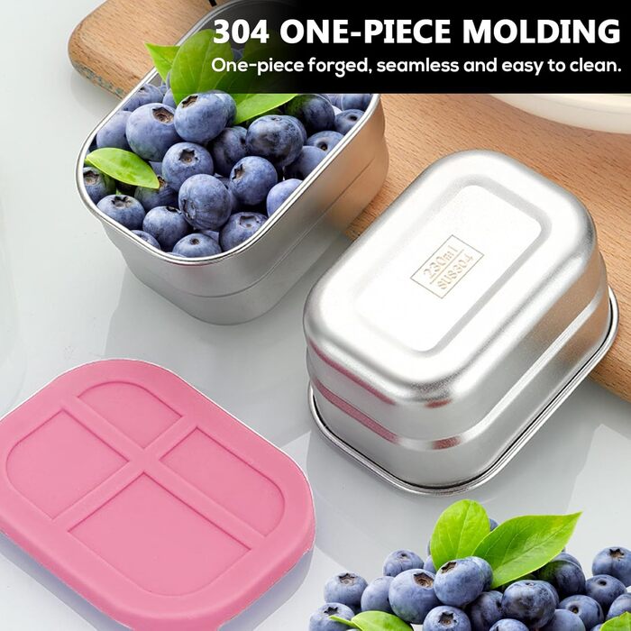 Набір з 4 контейнерів для перекусів з нержавіючої сталі, 230 мл, з силіконовою кришкою. Герметичні контейнери для їжі, фруктів, мюслі та заморозки.