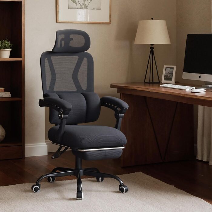 Ергономічне офісне крісло UEV з підставкою для ніг, чорне, крісло для домашнього офісу, обертове крісло, письмове крісло, нахил до 135, регулювання висоти, вантажопідйомність до 150 кг, повітропроникна тканина, для домашнього офісу