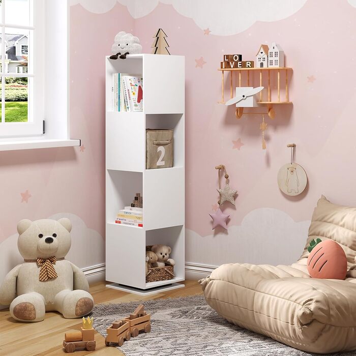 Поворотна полиця EUGAD, 4-рівнева поворотна книжкова полиця, полиця для зберігання на місці, офісна полиця, полиця для документів, для вітальні, спальні, офісу, дитячої кімнати, 35x145x35 см, білий 0046SHG