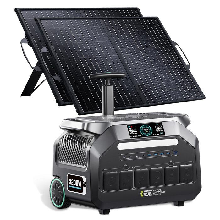 Портативна електростанція IEEE P3200 потужністю 3200 Вт з 2 сонячними панелями по 100 Вт, сонячним генератором LiFePO4 потужністю 2048 Втгод, зарядкою змінного струму 1800 Вт, 4 виходами змінного струму, керуванням через додаток, для аварійного живлення в