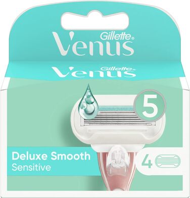 Змінні леза Gillette Venus Deluxe Smooth Sensitive для жінок, (4 шт. и), Машинні вставки з 5 лезами, Зволожуючий скінеліксир 5 шт. (1 упаковка) 5 змінних лез