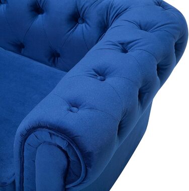 Місний диван Beliani, оксамит, синій, товсті подушки сидіння, підлокітники, ґудзикова обробка, стиль Честерфілд, 3-