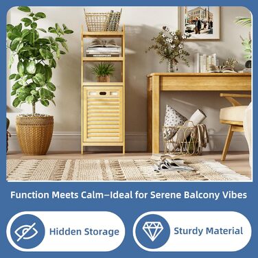 Шафа для ванної кімнати HITNET з кошиком для білизни, бамбукова шафа для ванної кімнати з кошиком для білизни та 3 відкритими полицями, знімні внутрішні кишені об&39ємом 32 л з ручками для ванної кімнати та спальні, натуральний колір