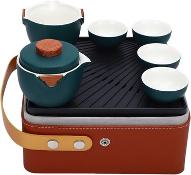 Набір для чаювання в стилі гунфу, преміальна кераміка, портативне зберігання, дорожній набір для чаю. Темно-зелений керамічний чайник з чашками та скринькою для чаю для подорожей, дому та офісу