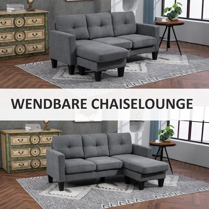 Кутовий диван HOMCOM, кутовий диван з двостороннім шезлонгом, L-подібний диван, м&39який кутовий диван з пружинним каркасом, сталевий каркас, лляний вигляд, 186 x 130 x 84 см, темно-сіра тканина, лляний вигляд