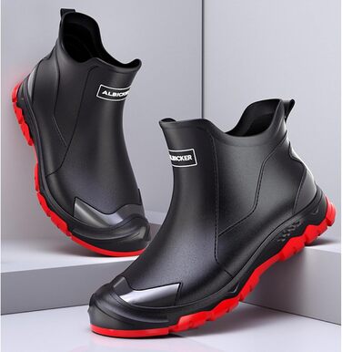 Водонепроникні гумові чоботи Pangolin до щиколотки, чоботи-челсі з ПВХ для саду та щоденного використання, нековзка гумова підошва з протектором, короткі гумові чоботи для жінок та чоловіків, чорно-червоні, EU 45