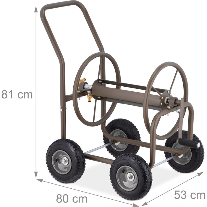 Садовий візок для шланга Relaxdays, до 60 м шланга, 4 пневматичні колеса, швидке з'єднання, металева бочка для шланга, коричневий