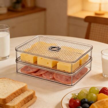 Двошарова коробка для сиру з кришкою контейнер для зберігання сиру, що штабелюється, прозора коробка для зберігання сиру, ковбас, ковбас та інших продуктів у холодильнику, двошаровий контейнер для зберігання сиру на кухні