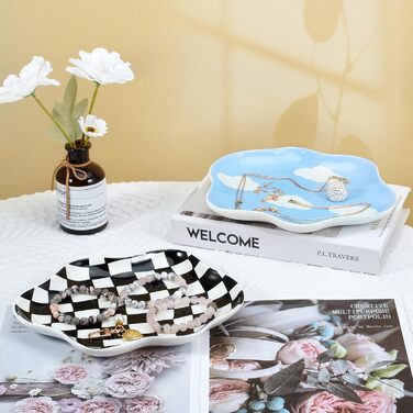 Піднос для ювелірних виробів Koythin, керамічна тарілочка для ювелірних виробів, органайзер для ювелірних виробів, картатий візерунок, естетичний, декоративний для кухні, ванної кімнати (чорно-біла шахівниця)