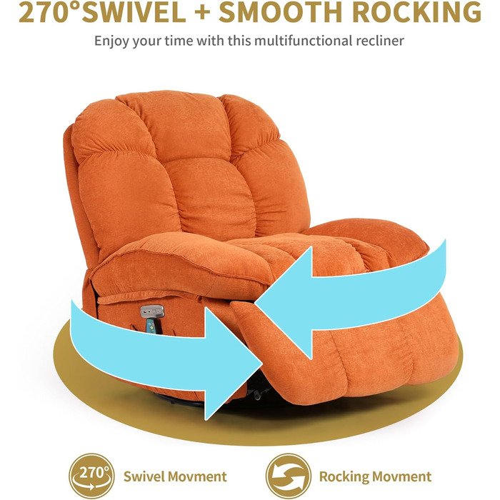 Електричне масажне крісло-реклайнер ALEAVIC з підігрівом та вібрацією, 1 бічна кишеня, порти типу C та USB, крісло-реклайнер для вітальні (помаранчеве)