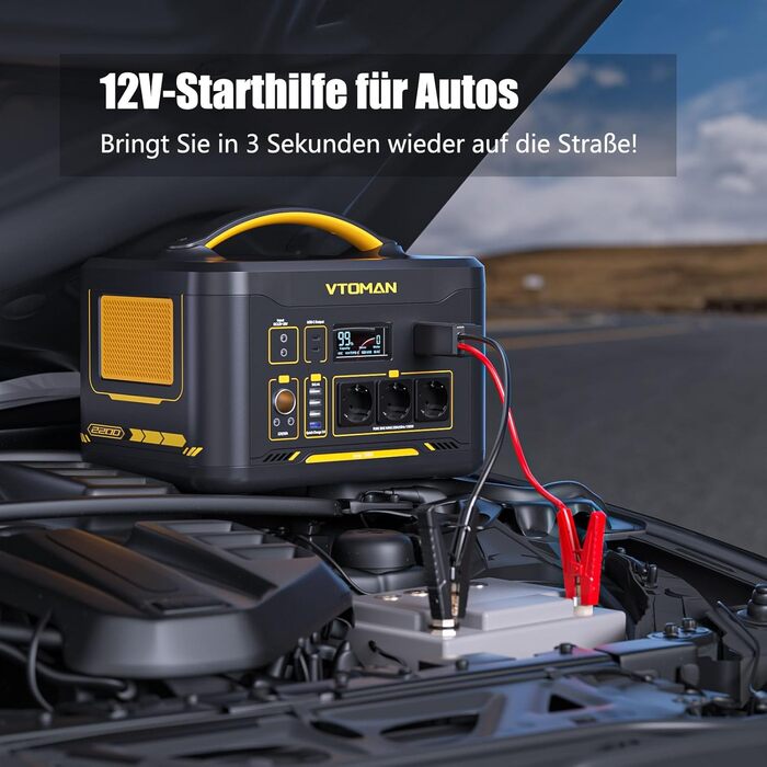 Портативна електростанція VTOMAN Jump 2200 з пусковими кабелями - акумулятор LiFePO4 ємністю 1548 Втгод/2200 Вт (пікова потужність 4400 Вт) з можливістю розширення до 3096 Втгод для евакуації транспортних засобів у надзвичайних ситуаціях DE - Jump 2200 пу