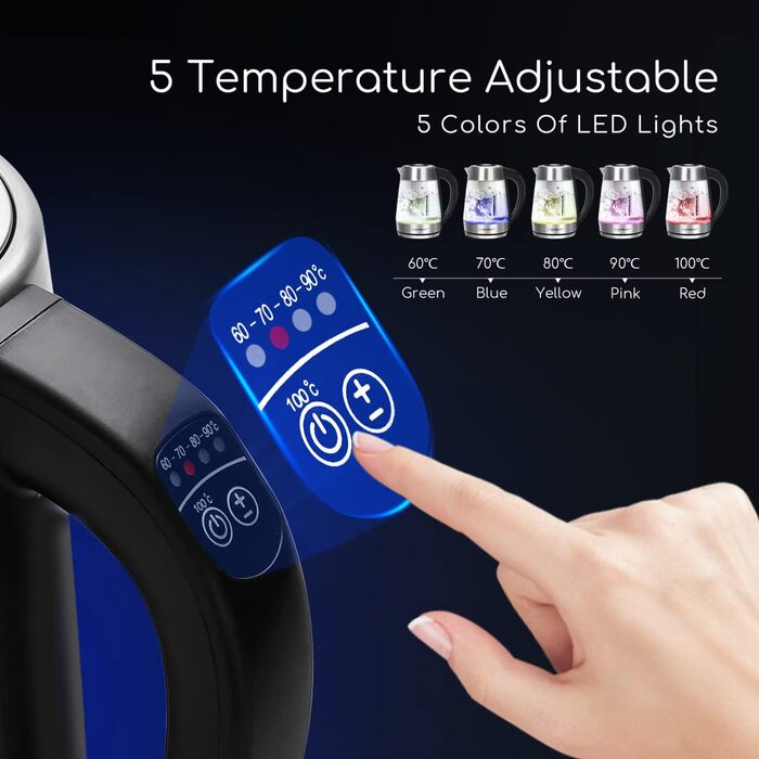 Скляний чайник Aigostar з регулюванням температури 1,7 л, чайник 2-в-1 з ситечком з нержавіючої сталі, вибір температури 60-100C,