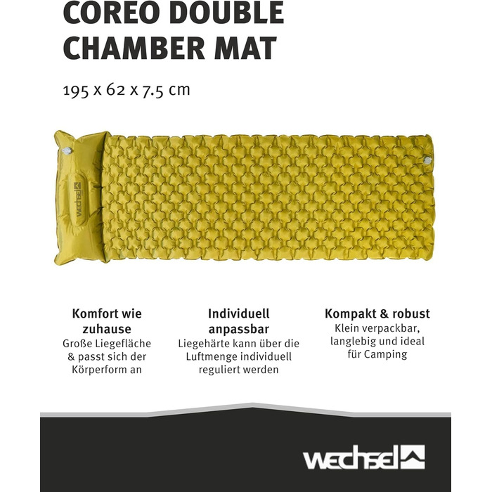 Килимок для сну Wechsel для трекінгу Coreo I 195 x 62 x 7,5 см I Термокилимок з системою подвійних повітряних камер I Теплоізоляційний кемпінговий килимок I Надувний матрац для кемпінгу, велоспорту, бушкрафту та трекінгу