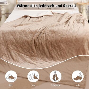 Ковдра з підігрівом 180x130 см, Ковдра з підігрівом та автоматичним вимкненням, 6 налаштувань нагріву, 10-годинний таймер, захист від перегріву, м&39яка фланель та шерпа, можна прати в пральній машині, Ковдра з підігрівом для дивана, ліжка, офісу, бежевий