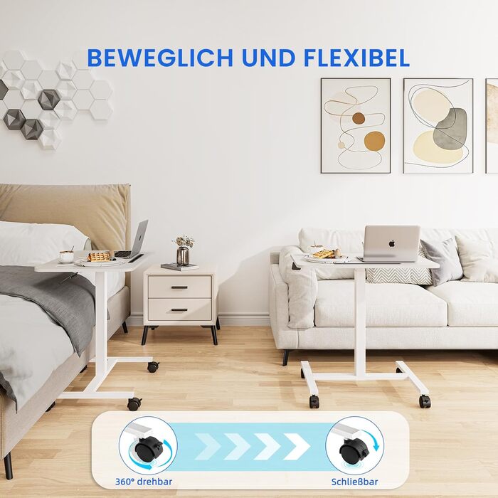 Комп&39ютерний стіл Dripex з регульованою висотою та коліщатками, невеликий стіл, мобільний стіл для роботи стоячи, тумбочка біля ліжка, бічний столик для вітальні, комп&39ютерний стіл для роботи сидячи та стоячи, білий, 48 x 72 x 112 см