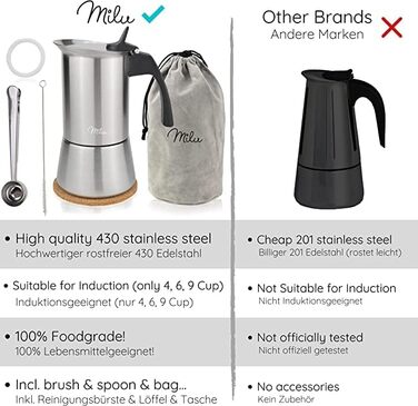 Індукційна кавоварка Milu 2, 4, 6, 9 чашок кавник для мокко з нержавіючої сталі, кавник для еспресо, набір для приготування еспрес