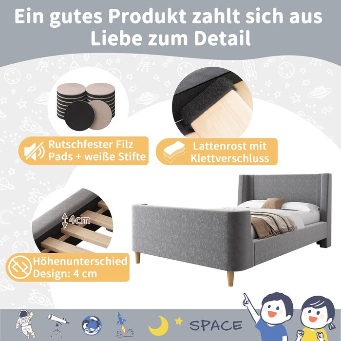 Дитяче м&39яке ліжко Merax 90x200 см, каркас одного ліжка з рейковою основою, високим узголів&39ям та ізніжжям, миле дитяче ліжко з креативним мультяшним візерунком, для хлопчиків та дівчаток, оксамит, матрац не входить до комплекту, сірий 90 x 200 см сір