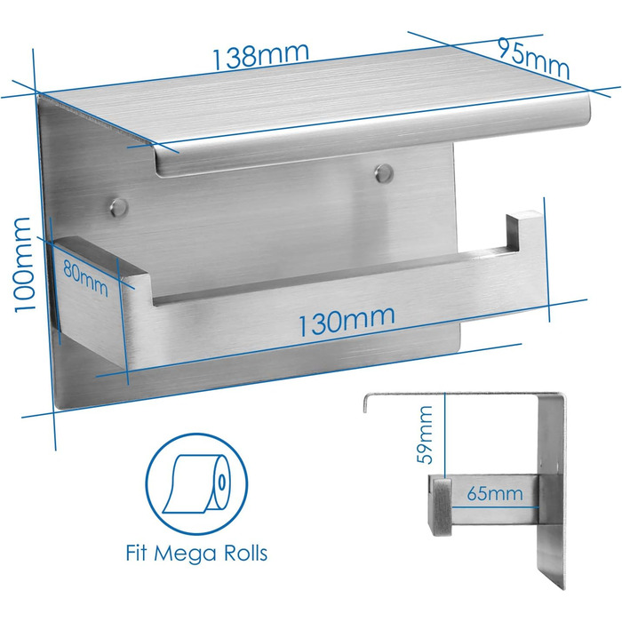 Тримач для туалетних рулонів Auxmir без свердління, самоклеючий тримач для туалетних рулонів, тримач для туалетних рулонів з нержавіючої сталі з полицею, тримач для туалетного паперу настінний для ванної кімнати на кухні, сріблястий з полицею