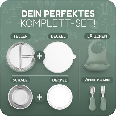 Дитячий набір посуду з нержавіючої сталі mamou, 6 предметів Тарілка та миска з кришкою, столові прибори та нагрудник Без бісфенолу А, гігієнічний та несмачний Екологічний та довговічний Дитячий та малюковий колір
