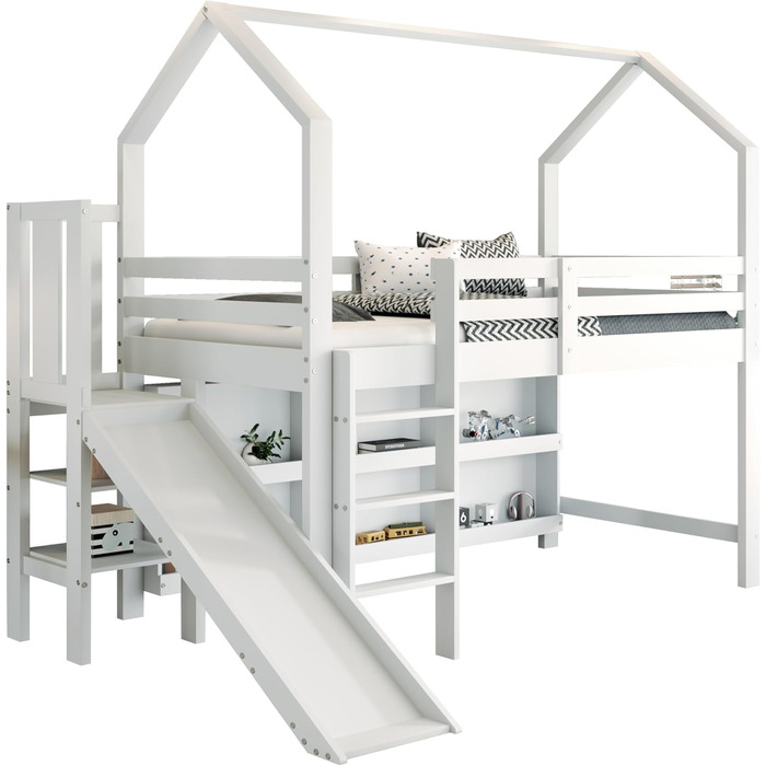 Дитяче двоярусне ліжко 90 x 200 см з гіркою, Багатофункціональне дитяче ліжко зі сходами та полицею для зберігання, Односпальне ліжко Treehouse з місцем для зберігання, Масив дерева МДФ, Білий