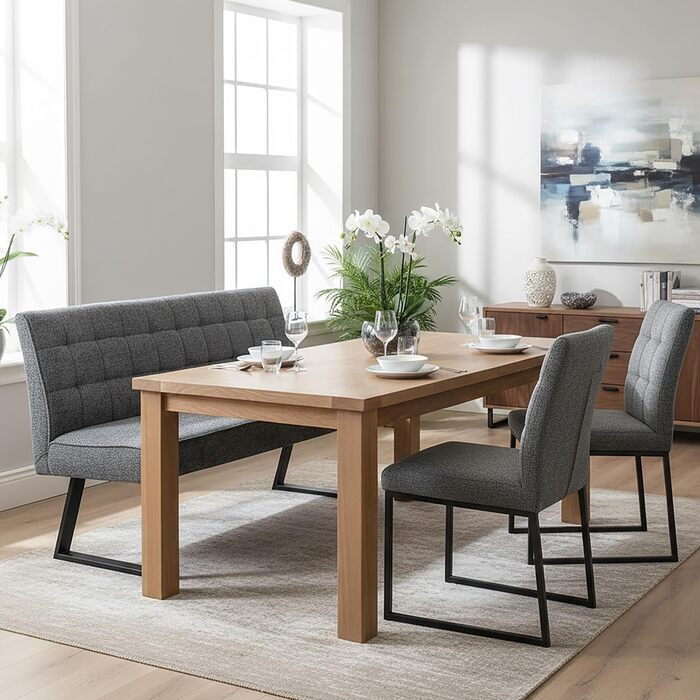 Лавка DUBI Furniture Clara 160 см з пружинною оббивкою Сучасна обідня лавка світло-сірого кольору М&39яка кухонна лавка з оббивкою 15 см та чорно-сірими металевими ніжками 160 см