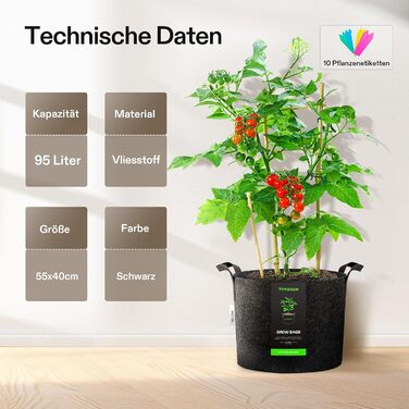 Пакетів для посадки рослин об&39ємом 95 л, неткані тканинні горщики з міцними потовщеними тканинними ручками для овочів, квітів, фруктів, теплиць та садів., 5