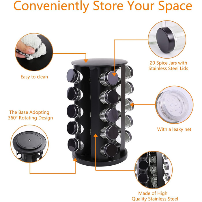 Поворотна на 360 підставка для спецій, чорна, органайзер для спецій, карусель для спецій з 20 банками для спецій, етикетками, ручкою, лійкою, кришками, підставками для спецій з нержавіючої сталі, зберігання спецій для кухонної стільниці