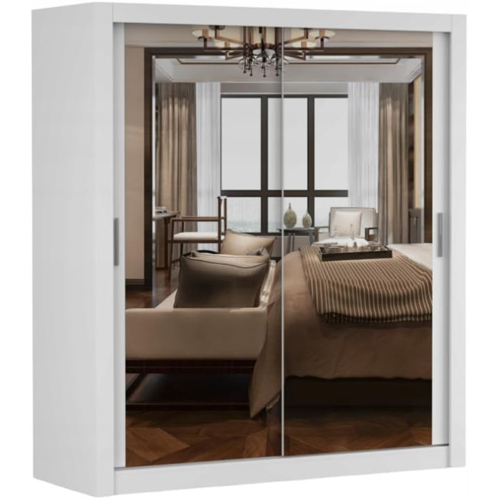 Шафа з дзеркалом - Шафа з розсувними дверима - Шафа для спальні - 64 x 180 x 215 см - Шафа для вітальні - Вішалка для одягу, Шафа з двома дверима, Сучасна 180 см Біла