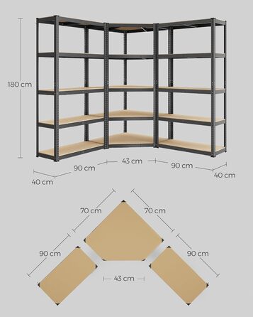 Комплект кутових полиць SONGMICS, 5 ярусів, міцний стелаж, металевий, полиця для зберігання в гаражі, підсобному приміщенні, підвалі, вантажопідйомність до 2625 кг, чорний/натуральний бежевий GLR070B03 5 ярусів (160Г x 160Ш x 180В см) чорний натуральний б