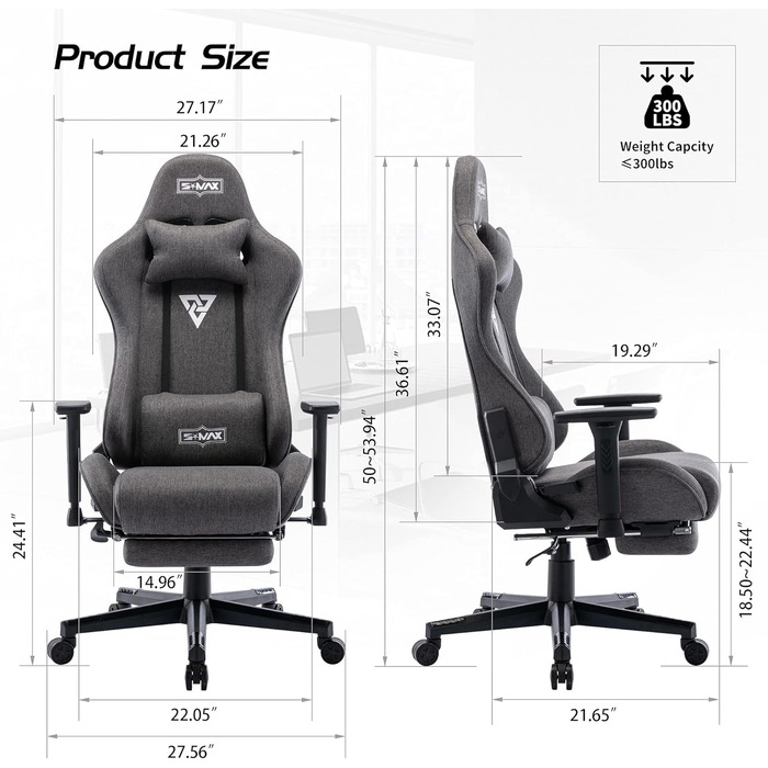 Ігрове крісло S*MAX, тканина, сірий колір з підставкою для ніг, потовщене сидіння, ігрове крісло, 3D підлокітники, крісло для відеоігор з високою спинкою, ергономічне ігрове крісло для дорослих, стандартне сіре