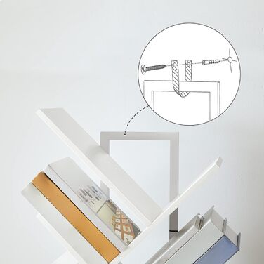 Книжкова полиця HOOBRO у формі дерева, підлогова книжкова полиця з 9 полицями, книжкова полиця для домашнього офісу для зберігання книг та компакт-дисків, міцна та стійка, для вітальні EWT08SJ01G1 34 x 20 x 116 см білий