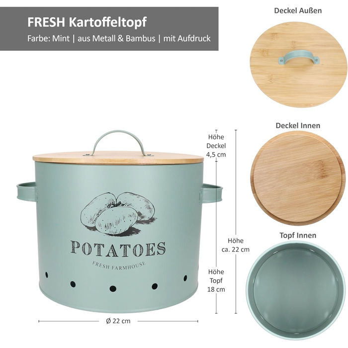 Вентильований металевий контейнер для зберігання картоплі з бамбуковою кришкою I коробка для зберігання з принтом для кухні