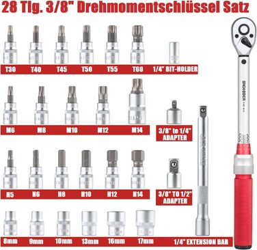 Динамометричний ключ BINGCOBBER 3/8, 5-60NM Набір динамометричних ключів для велосипеда та мотоцикла з багатьма аксесуарами, такими як подовжувач, насадки, вставки для гнізд, адаптер