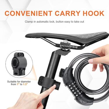 Дитячий велосипедний замок, 120 см, захист від крадіжки, кабельний замок з 5-значним кодом, для велосипедів, мотоциклів, скутерів, чорний. Замок з кодовим механізмом., 1203-12