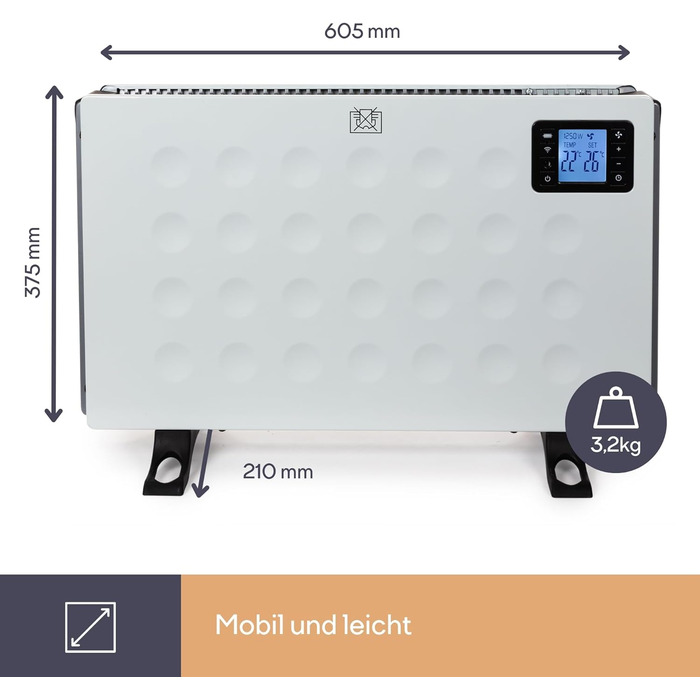 Розумний конвекторний обігрівач Perel потужністю 2000 Вт з 3 режимами нагріву, термостатом, IP20, захистом від перегріву, портативний з пультом дистанційного керування та застосунок Tuya, для приміщень об&39ємом до 60 м