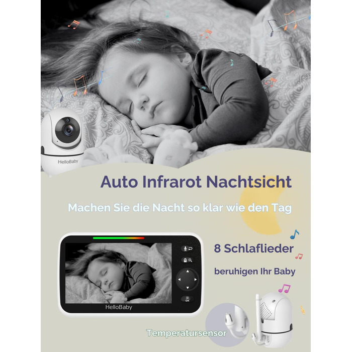 Камери HelloBaby, Радіус дії 305 м, Батарея на 26 годин, Розділений екран 5&39, Поворотна відеоняня 355/120, Без Wi-Fi, ECO, 2-сто