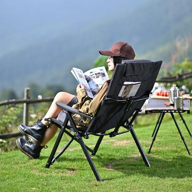 Складаний кемпінговий стілець, висока спинка, регульована спинка в 4 положеннях, до 150 кг, садовий стілець з тримачем для напоїв та бічною кишенею, рибальський стілець, вуличний стілець для кемпінгу, саду, балкону (чорний)
