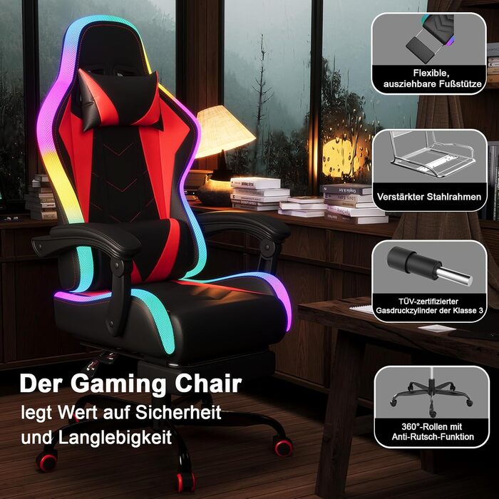 Ігрове крісло JUMMICO зі світлодіодним освітленням, круте гоночне ігрове крісло, ергономічне офісне крісло з функцією масажу, регульована спинка 90-135, з телескопічною підставкою для ніг, ігрове крісло вантажопідйомністю 150 кг, червоне