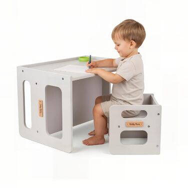 Дитячий стіл та стілець KiddyMoon із закругленими безпечними краями, Меблі для дитячої кімнати, Сірий. Стіл 644x44 см / Стілець 30x30x30 см, Сірий