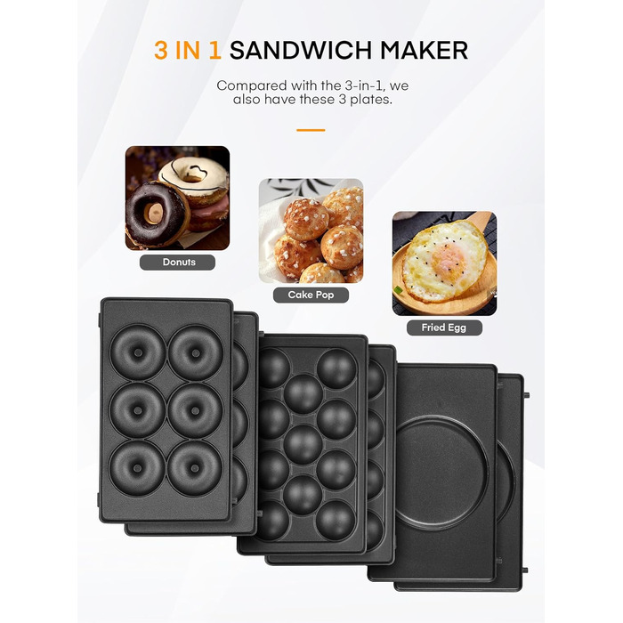 Бутербродниця FOHERE 6 в 1, вафельниця, контактний гриль, паніні, солодкі тістечка, антипригарне покриття для легкого очищення, двостороннє випікання при постійній температурі, без бісфенолу А, 750 Вт