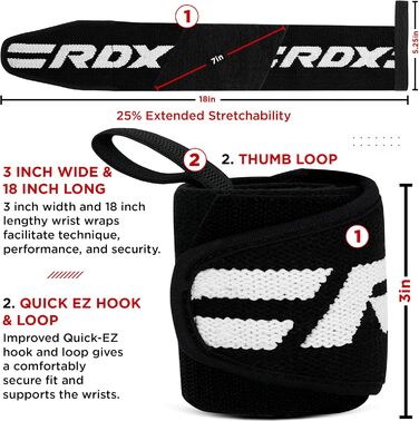Брекети на зап'ястя RDX Фітнес-тренування з обтяженнями, схвалений IPL USPA, 45-сантиметровий бандаж для тренажерного залу Пов'язки на зап'ястя Ремені, Бандаж на зап'ястя Бандажі на зап'ястя Силові тренування Аксесуари для важкої атлетики Чоловіки Жінки Т