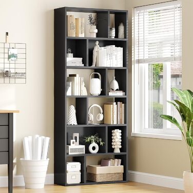 Книжкова полиця, 6-ярусна полиця, окремостояча книжкова шафа з 12 відкритими відділеннями, полиця для вітальні, спальні, ванної кімнати, офісу, сучасна, легко збирається, 173x60x24 см, чорна