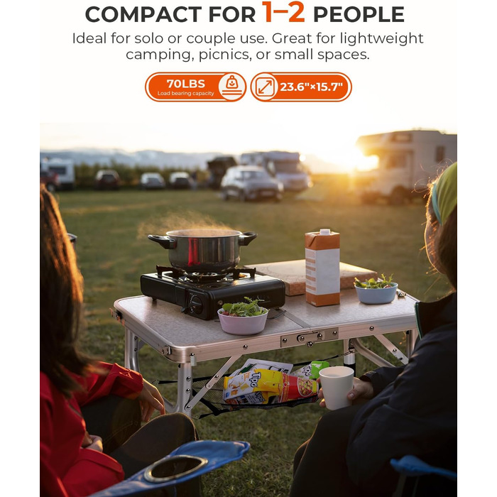Складаний кемпінговий стіл Sportneer, регульована висота, маленький складний стіл, портативні кемпінгові столи (60 см Д x 40 см Ш (4 рівні висоти)) із сітчастим шаром для використання на вулиці, білий 60*40 см (4 рівні висоти)