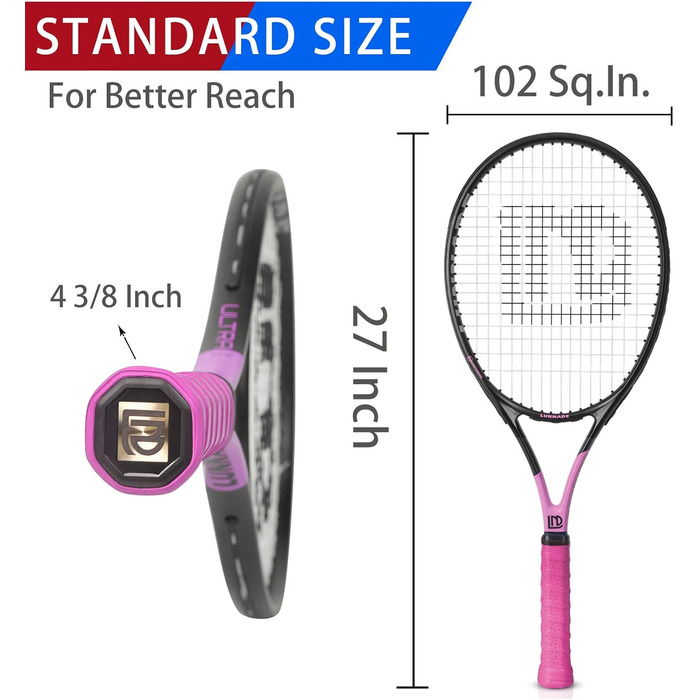 Тенісні ракетки 27 дюймів для дорослих, 2 тенісні ракетки з чохлами, підходять для жінок, чоНабір тенісних ракеток 27 дюймів для дорослих — ідеальний вибір для гравців будь-якого рівняловіків, початківців та досвідчених гравців, фіолетовийрожевий